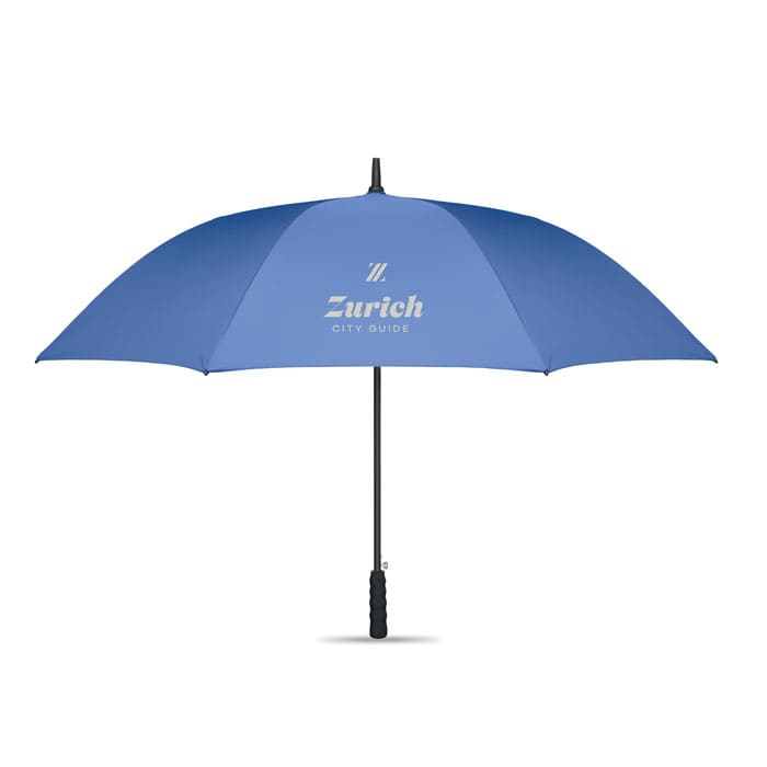 A blue umbrella with a black handle and a logo. The umbrella is open, showcasing its canopy shape.