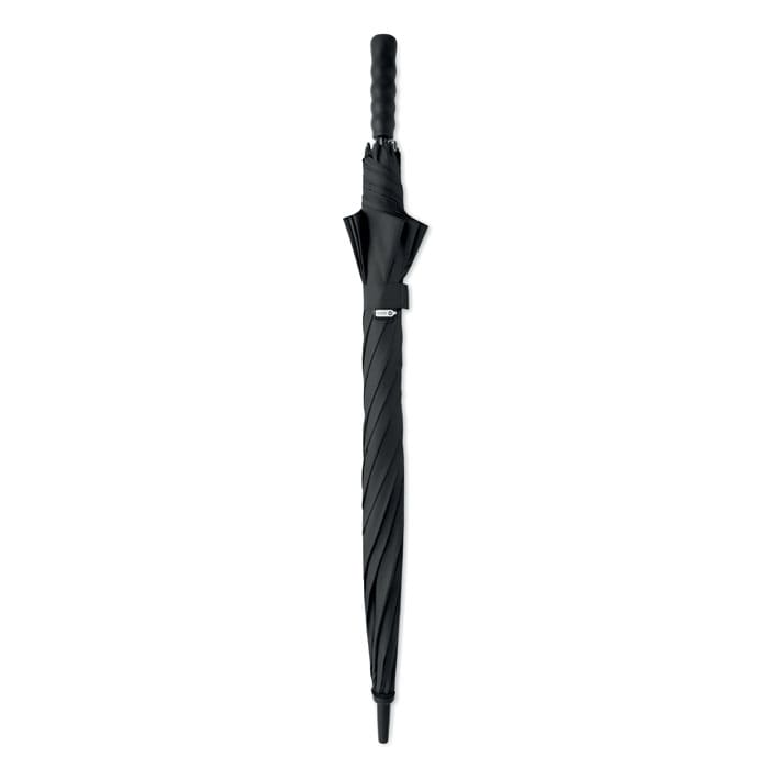 A black umbrella with a textured handle and a sleek, compact design. It features a logo on the casing.
