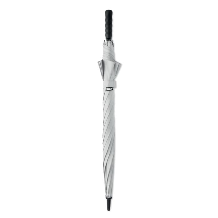 A compact grey umbrella with a black handle and a streamlined design, featuring a secure fastening strap.