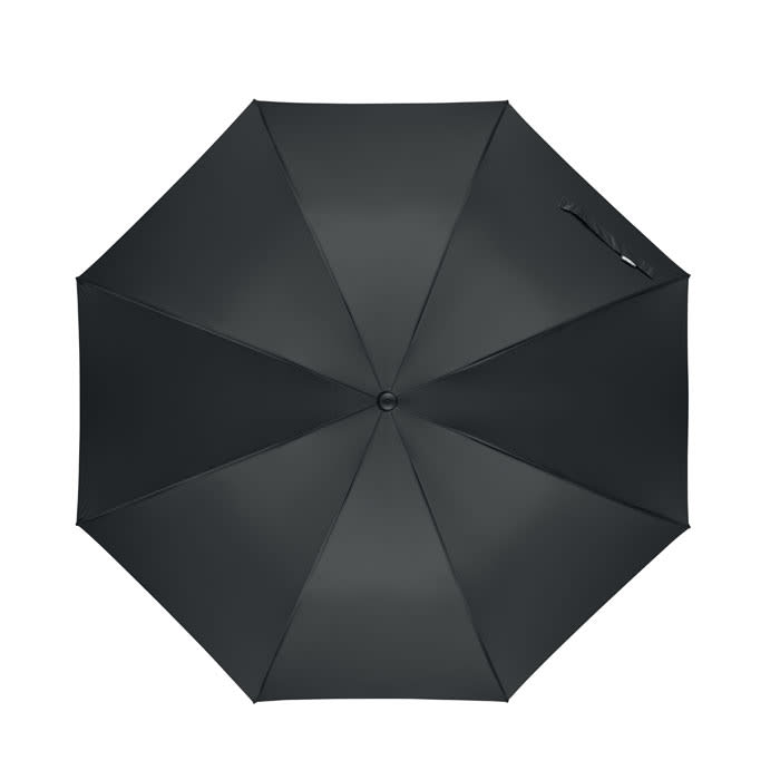 A black umbrella with a simple design and a central handle, featuring a logo on one side.