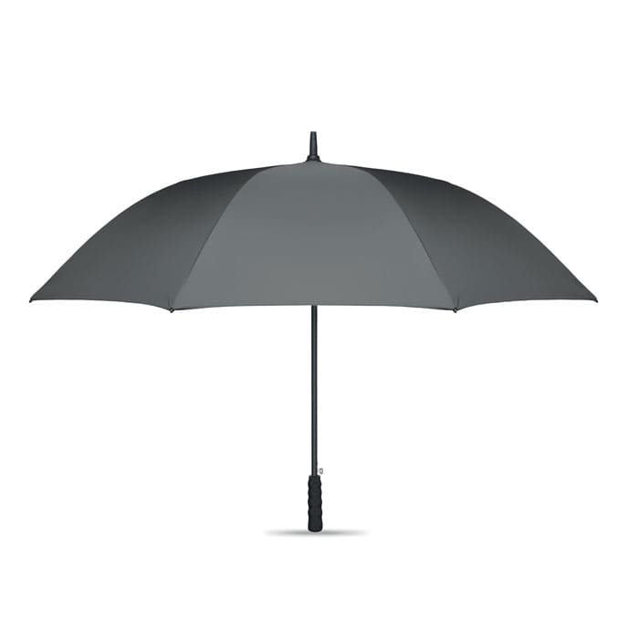 A grey umbrella with a black handle, featuring a simple design and a sturdy build. It has a logo on the handle.