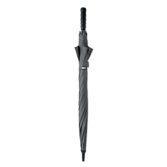 A black umbrella with a curved handle and a sturdy design, featuring a logo on the handle.