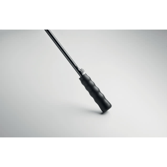 A black umbrella handle featuring a textured grip, with a sleek metal shaft extending downwards.