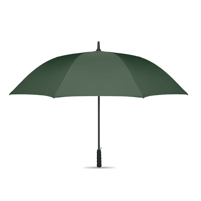 A drink bottle featuring a dark green umbrella with a black handle and a simple design.