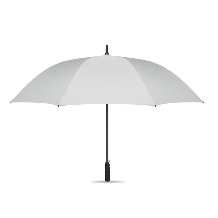 A grey umbrella with a black handle and a simple design, featuring a central support shaft.