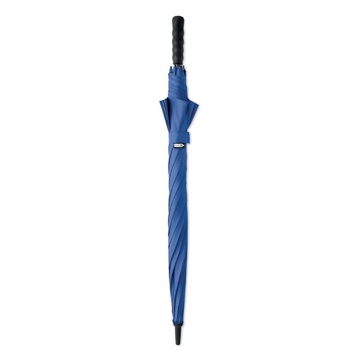 A blue umbrella with a black handle and a clasp to secure it when closed, featuring a branded logo.