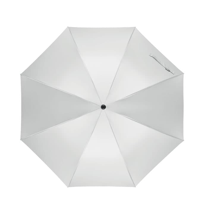 A white umbrella with a central black knob and a handle, featuring eight spokes and an open canopy design.