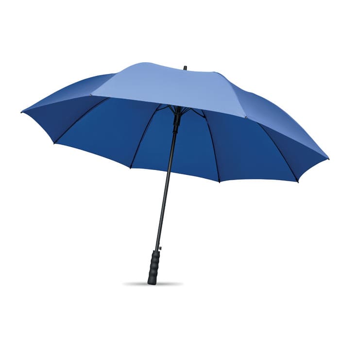 A blue umbrella with a black handle and a sturdy frame, featuring a logo on the fabric.