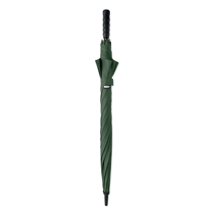 A green umbrella with a black handle and a matching strap. It features a logo on the fabric.