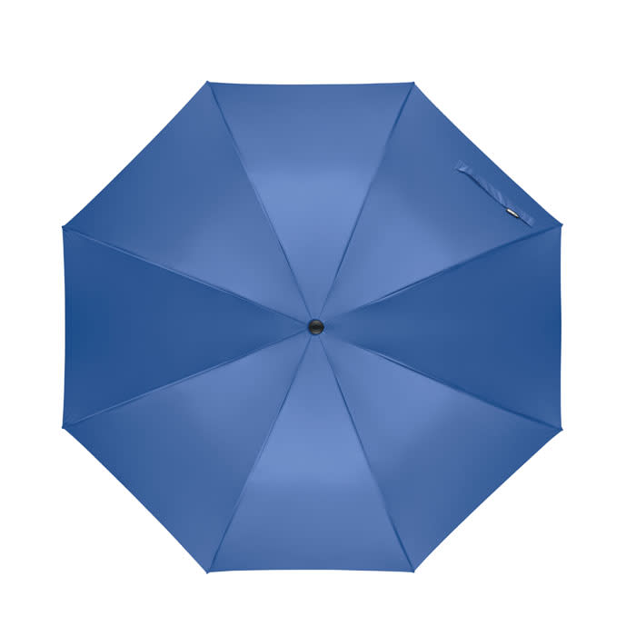 A blue umbrella with eight panels, featuring a central button mechanism and a small handle.