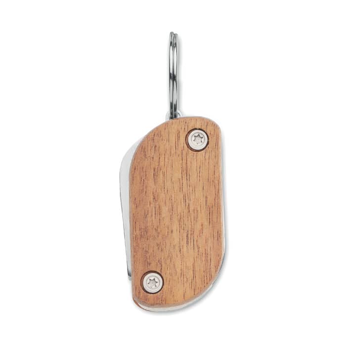 A wooden keychain with a metal attachment and a smooth, curved design. It features a silver keyring for convenience.