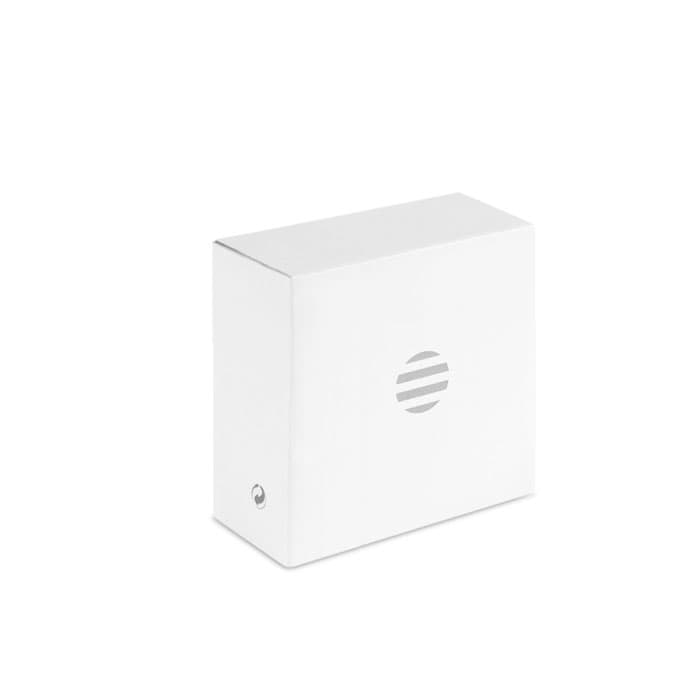 A white box featuring a simple logo on the front, showcasing a clean and minimalistic design.
