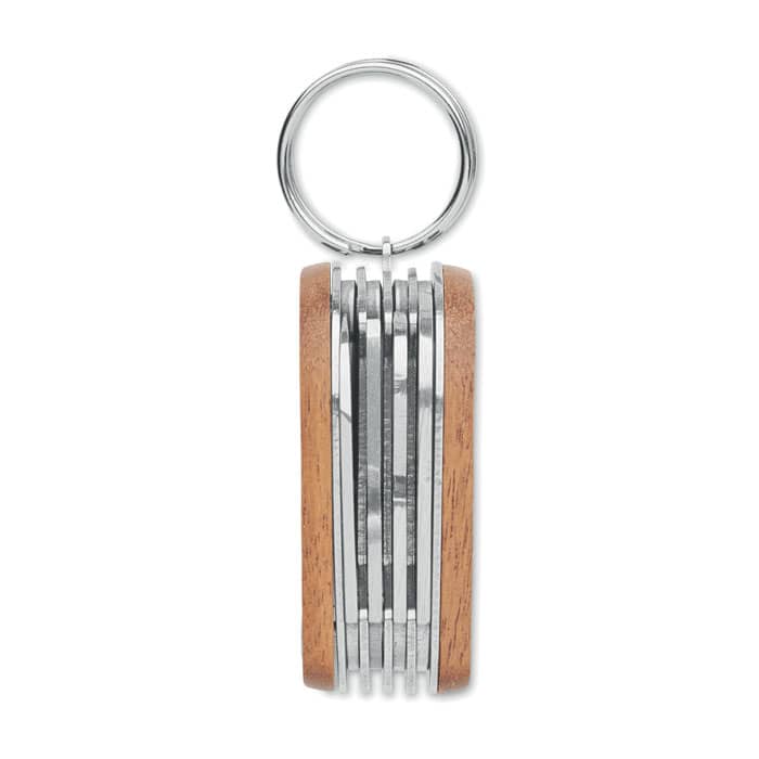 A wooden and metal keyring with a circular attachment. The wood is light brown, contrasting with the silver metal.