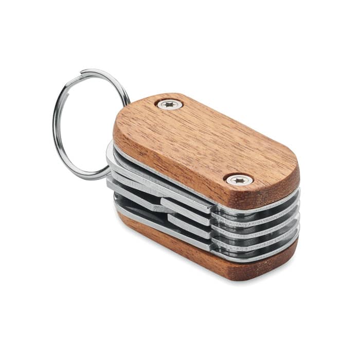 A keychain multi-tool featuring a wooden casing and stainless steel tools, compact and practical for everyday use.