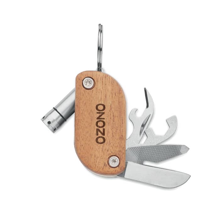 A multi-tool with a wooden handle, featuring various metallic tools and a keyring attachment.