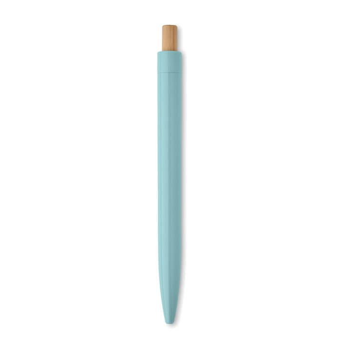 A drink bottle in a soft blue colour, featuring a bamboo top and a sleek design. It has a branding logo.