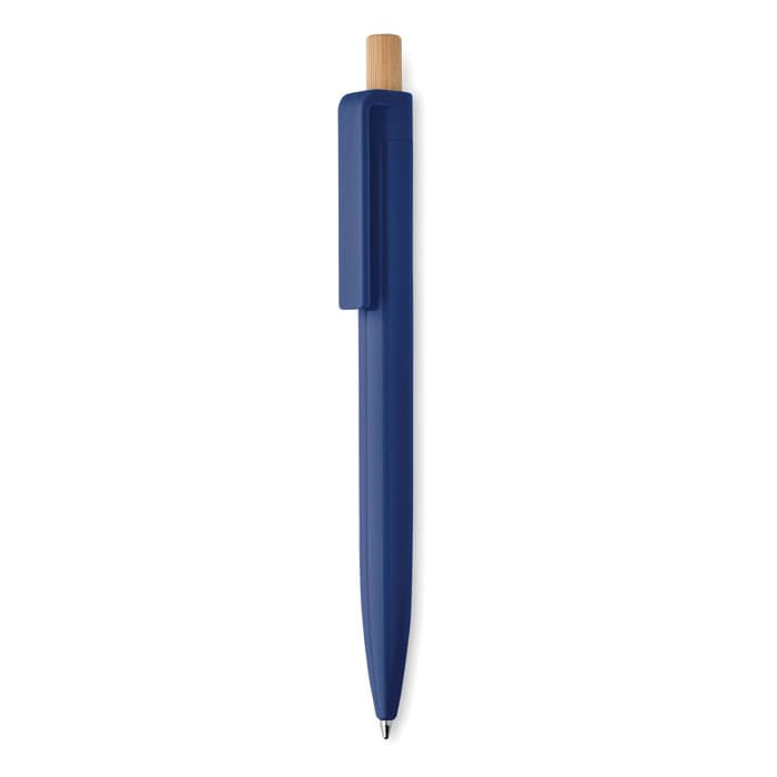 A blue pen with a wooden top and a clip. The pen features a sleek design and has a logo.