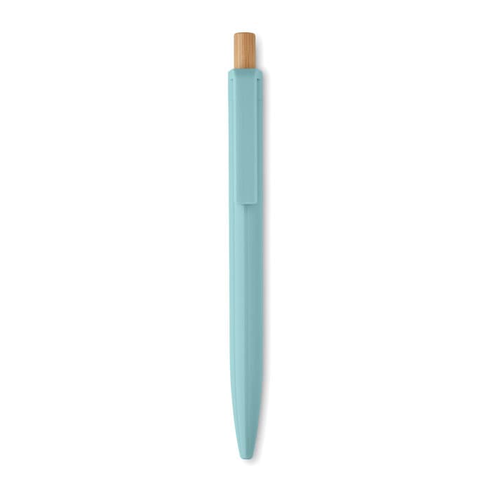 A pen in a light blue shade with a bamboo cap, featuring a simple design and clip.
