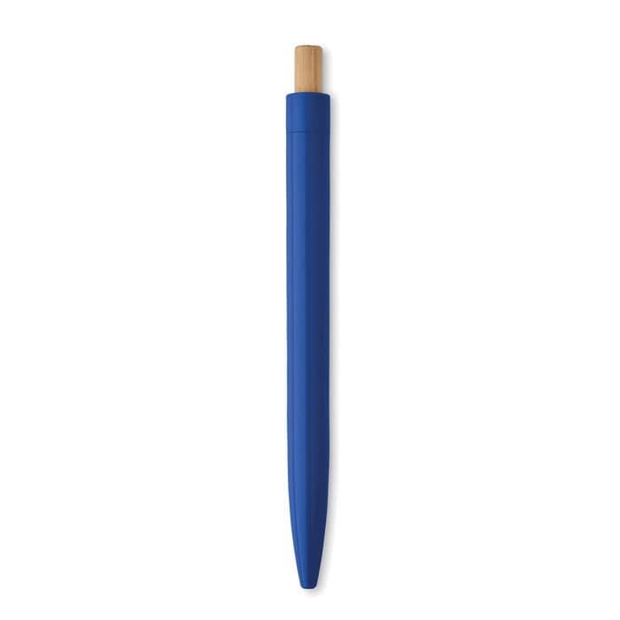 A blue pen with a wooden top and a sleek, streamlined design. It features a logo on its body.