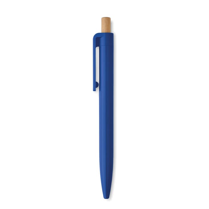 A blue pen with a wooden tip and a clip for attachment. Features a simple design and a branding logo.