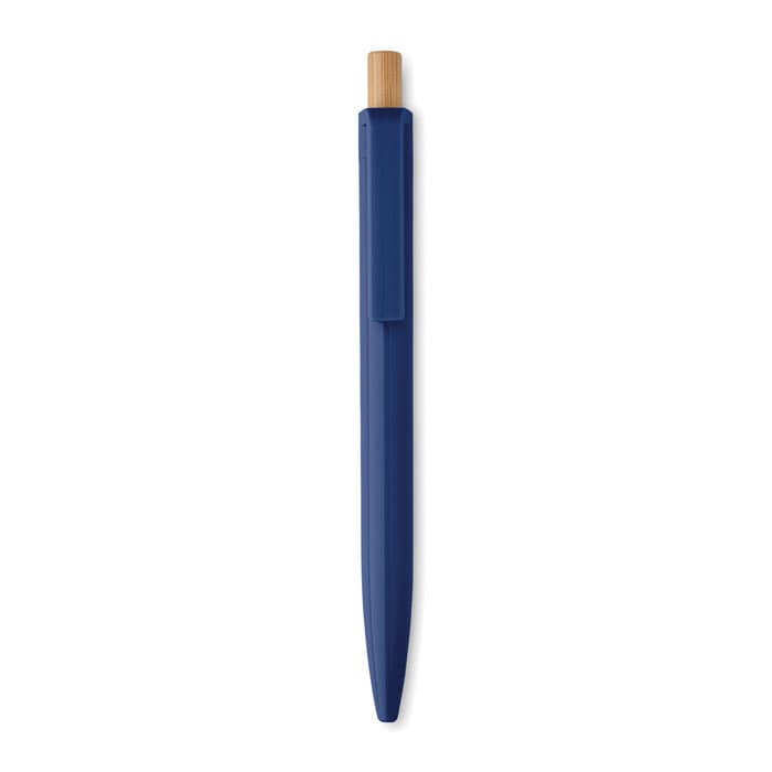 A pen with a navy blue body and a bamboo top, featuring a clip on one side. It has a minimalist design.
