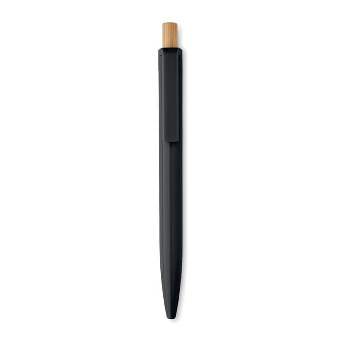A black pen with a bamboo top and a clip. The design is sleek and modern, suitable for promotional use.