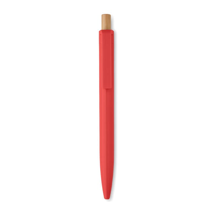 A red pen with a bamboo tip and a clip, featuring a sleek design and a smooth finish.