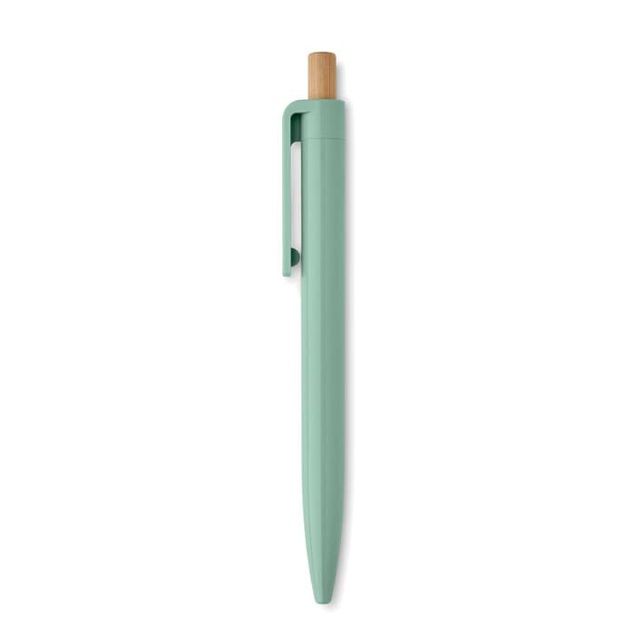 A pen in a soft green colour with a bamboo detail on top and a clip. It features a logo on the body.