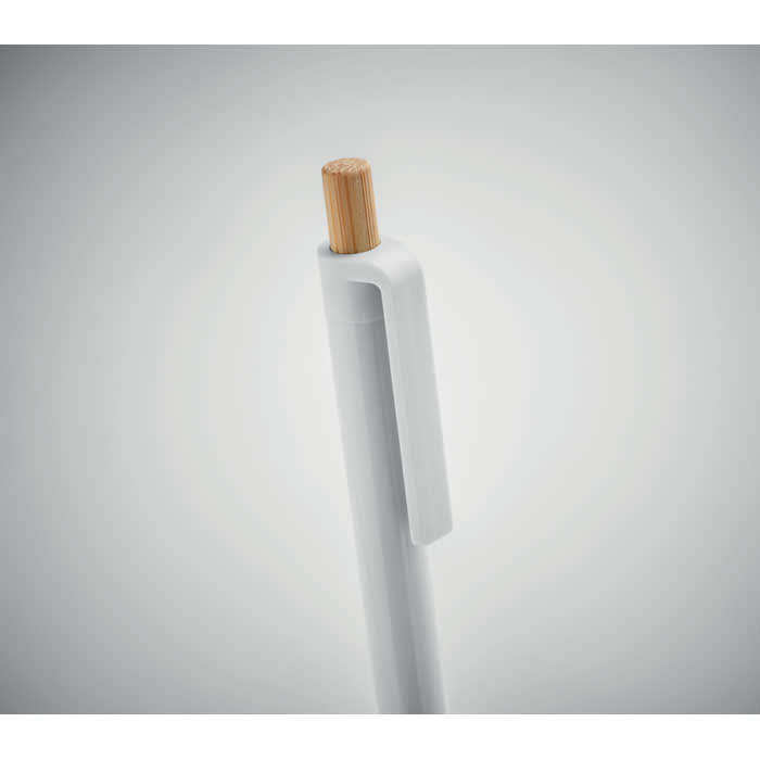 A pen with a white body and a wooden tip, featuring a clip for easy attachment. It has a minimalist design.