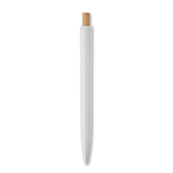 A pen with a white body and a wooden top, featuring a simple design and a logo.