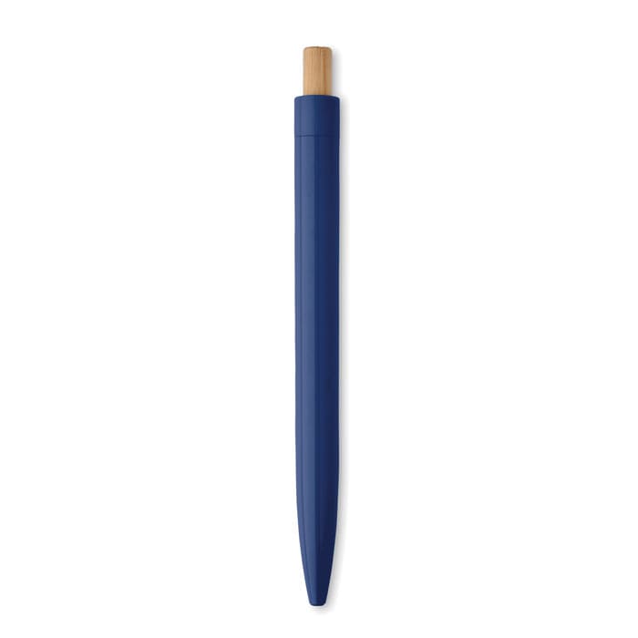 A pen with a blue body and a wooden tip, featuring a minimalistic design and a logo.
