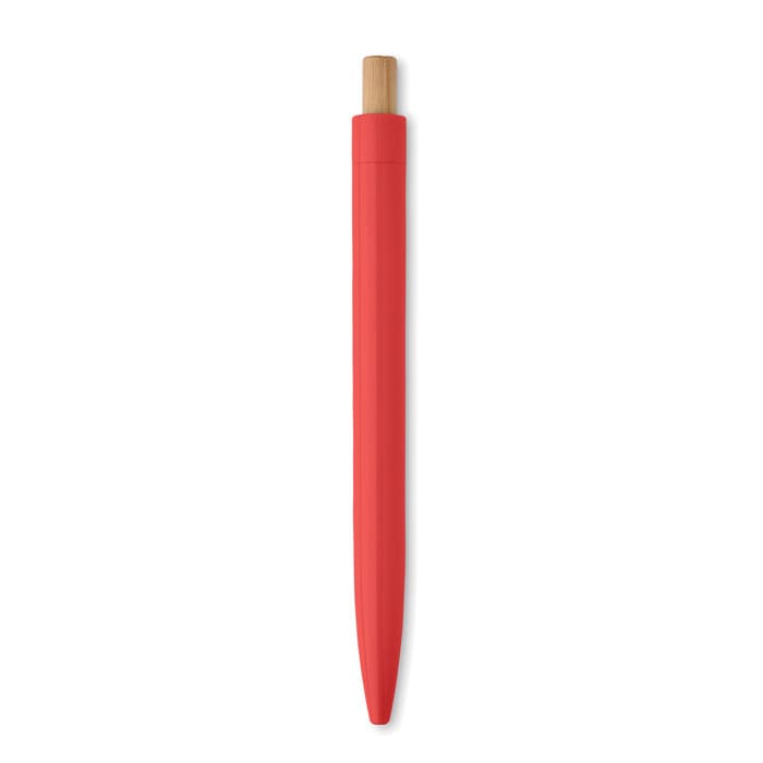 A red pen with a wooden accent on the top. The pen has a sleek, minimalist design and includes branding.