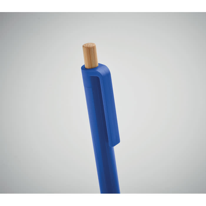 A blue pen with a wooden tip and a clip, featuring a smooth finish and modern design.