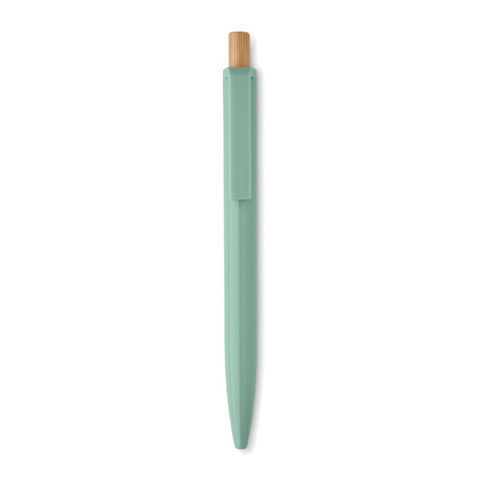 A mint green pen with a bamboo top and a clip, featuring a simple design and a logo.