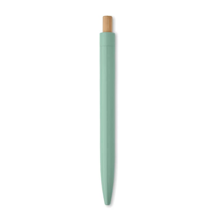 A pen with a mint green body and a bamboo top, featuring a sleek, modern design. It has a logo on the body.