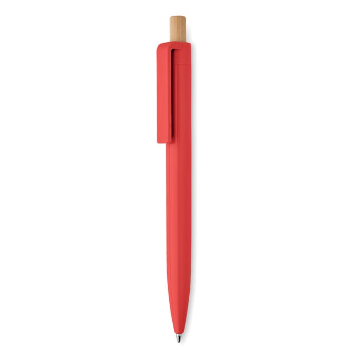 A red pen with a bamboo clip and a smooth writing tip. It features a minimalist design and has a logo.