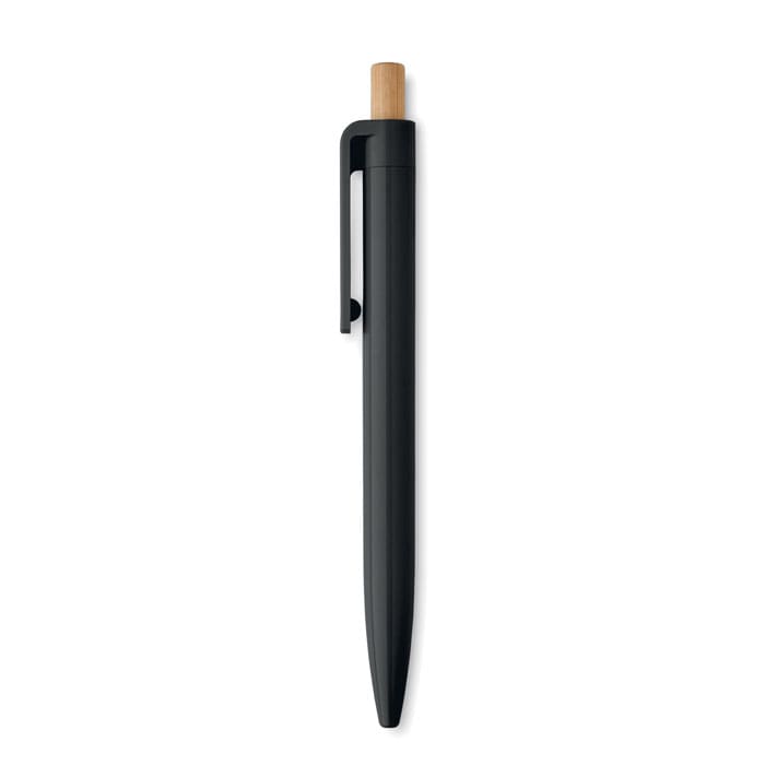 A black pen with a wooden top and a clip, featuring a minimalist design. There is a logo on the pen.