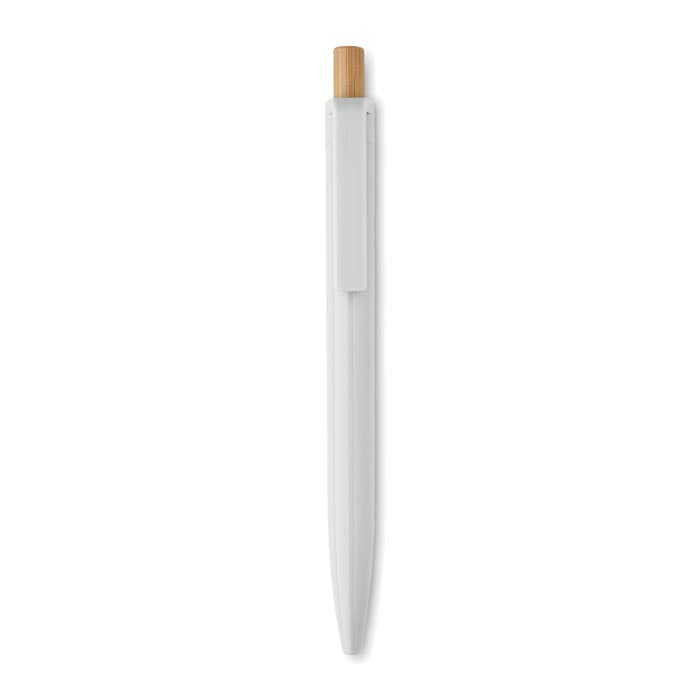 A pen with a white body and a bamboo tip, featuring a clip for easy attachment.