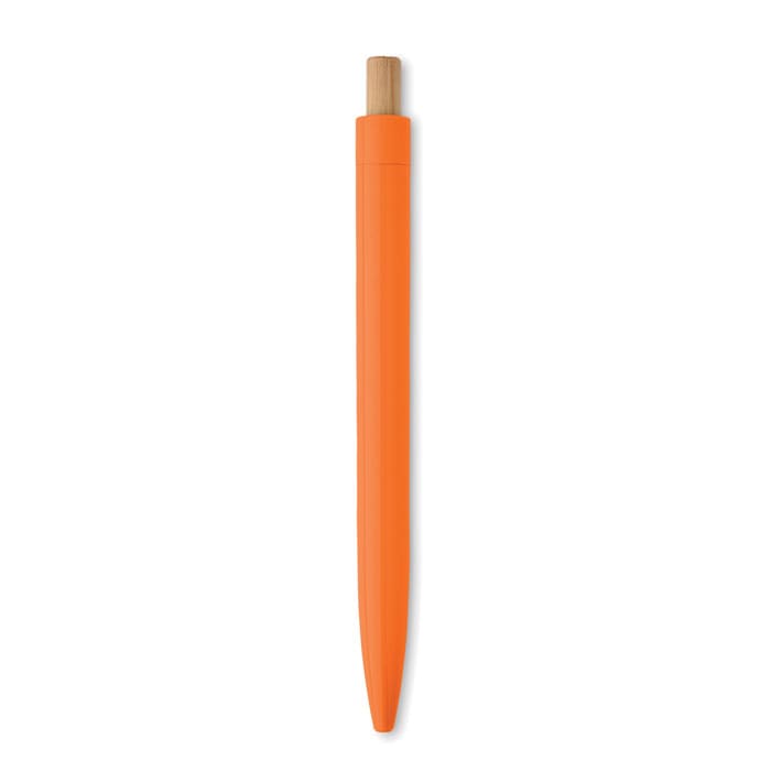 An orange promotional pen with a wooden top and a smooth, sleek design. It features a branding logo.