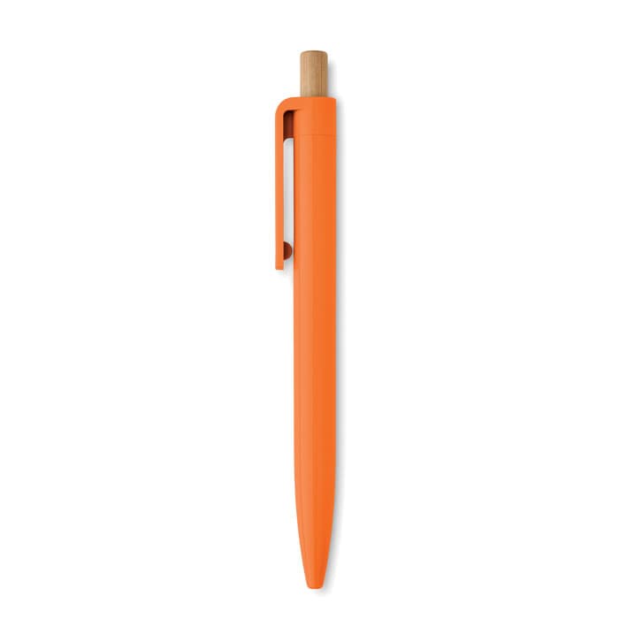 An orange pen with a wooden clip. The pen has a smooth, sleek design and features a simple logo.