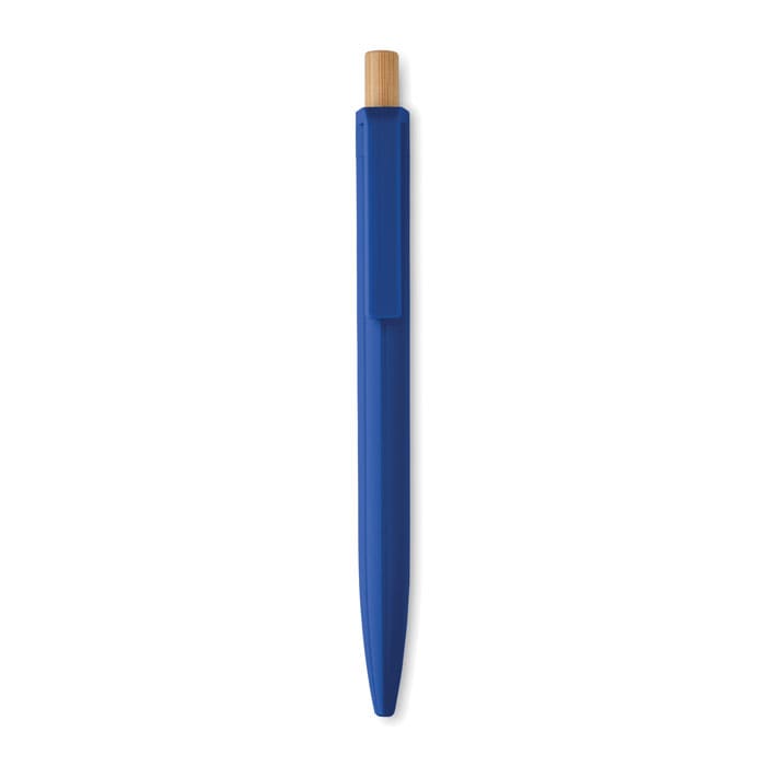 A blue pen with a bamboo top and a clip, featuring a sleek design and a smooth finish.