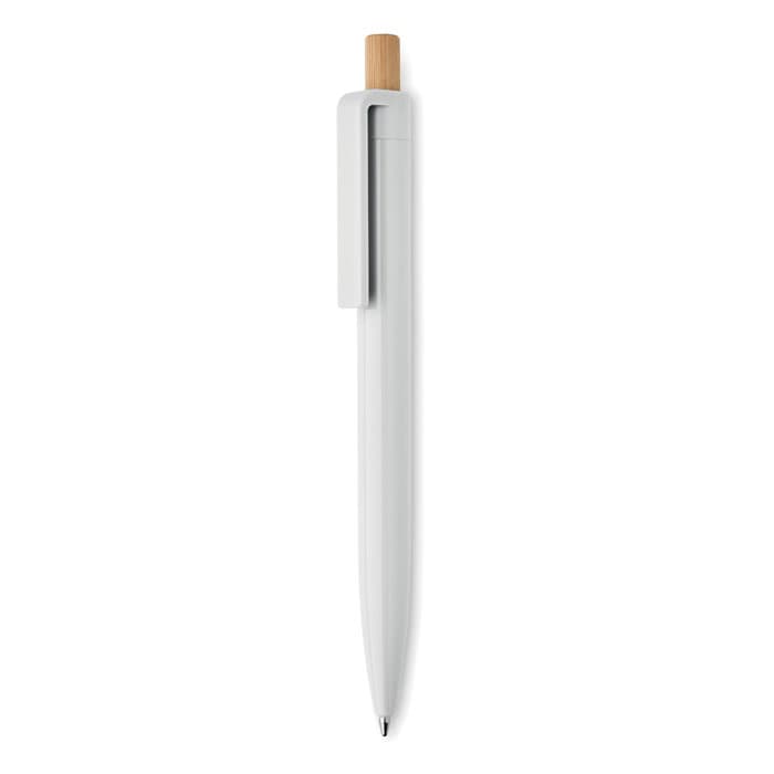 A white pen with a wooden clip. The design features a minimalistic style with a smooth finish.
