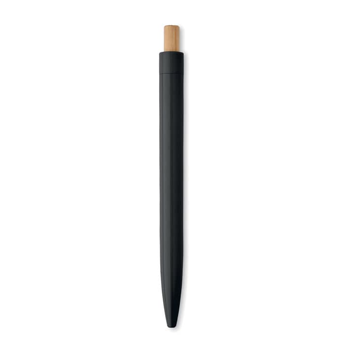 A sleek black pen with a wooden tip. The pen has a minimalist design and a smooth finish.
