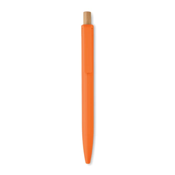 An orange pen with a bamboo tip and clip, featuring a sleek, modern design. Includes a logo on the barrel.