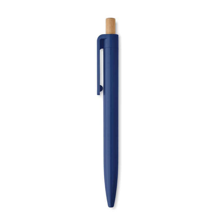 A blue pen with a bamboo accent and a clip, featuring a sleek design and a polished finish.