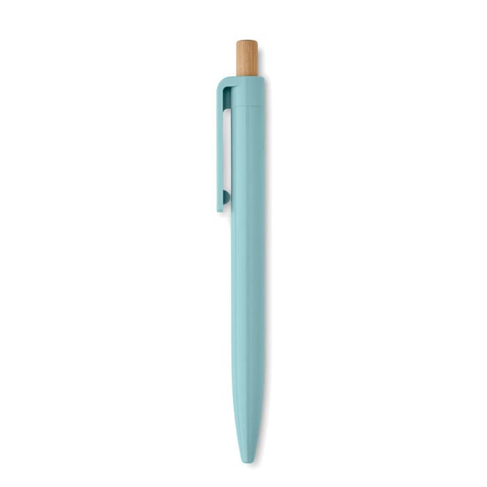 A pen in light blue with a bamboo accent and a clip attachment. It features a modern design and sleek finish.