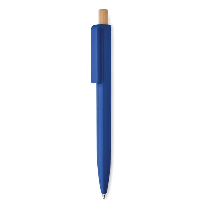 A blue pen with a bamboo clip and a smooth finish, featuring a logo on the barrel.