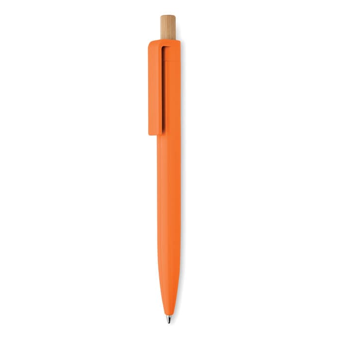 An orange pen with a bamboo accent and a clip. Features a sleek design and a smooth writing tip.