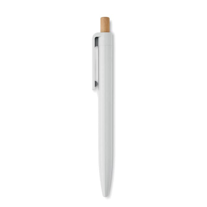 A pen with a white plastic body and a wooden clip, featuring a minimalist design. It has a subtle branding logo.