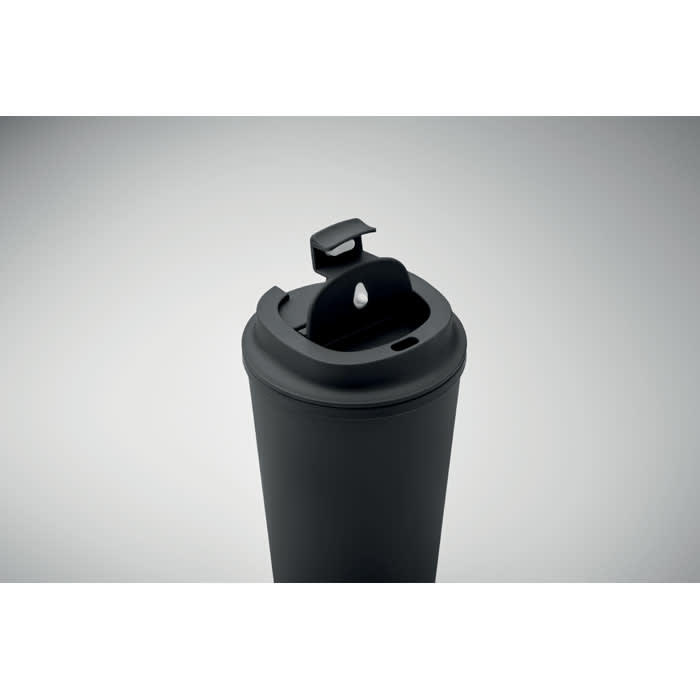A drink bottle in matte black with a flip-top lid and a circular opening. It features a branding logo.